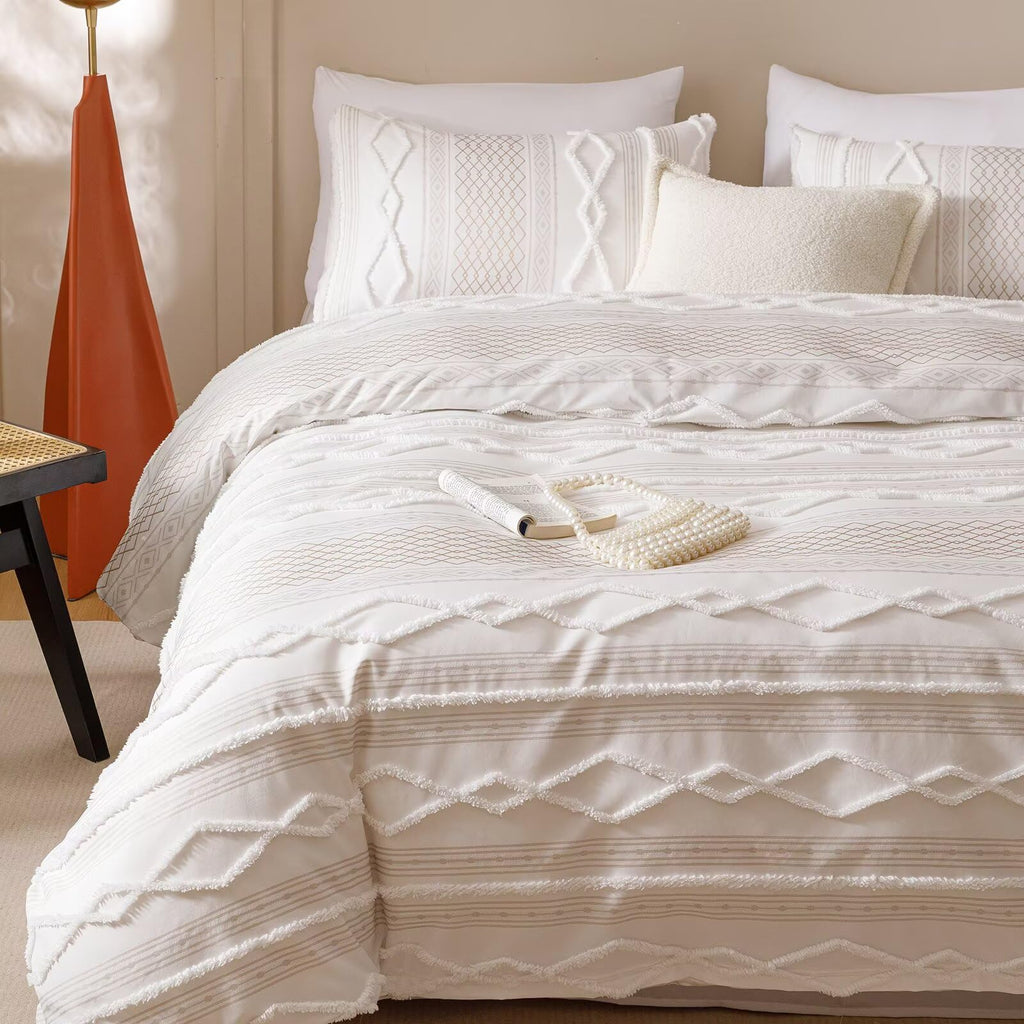 Tufted Comforter Set Queen Beige Jacquard Bedding Sets