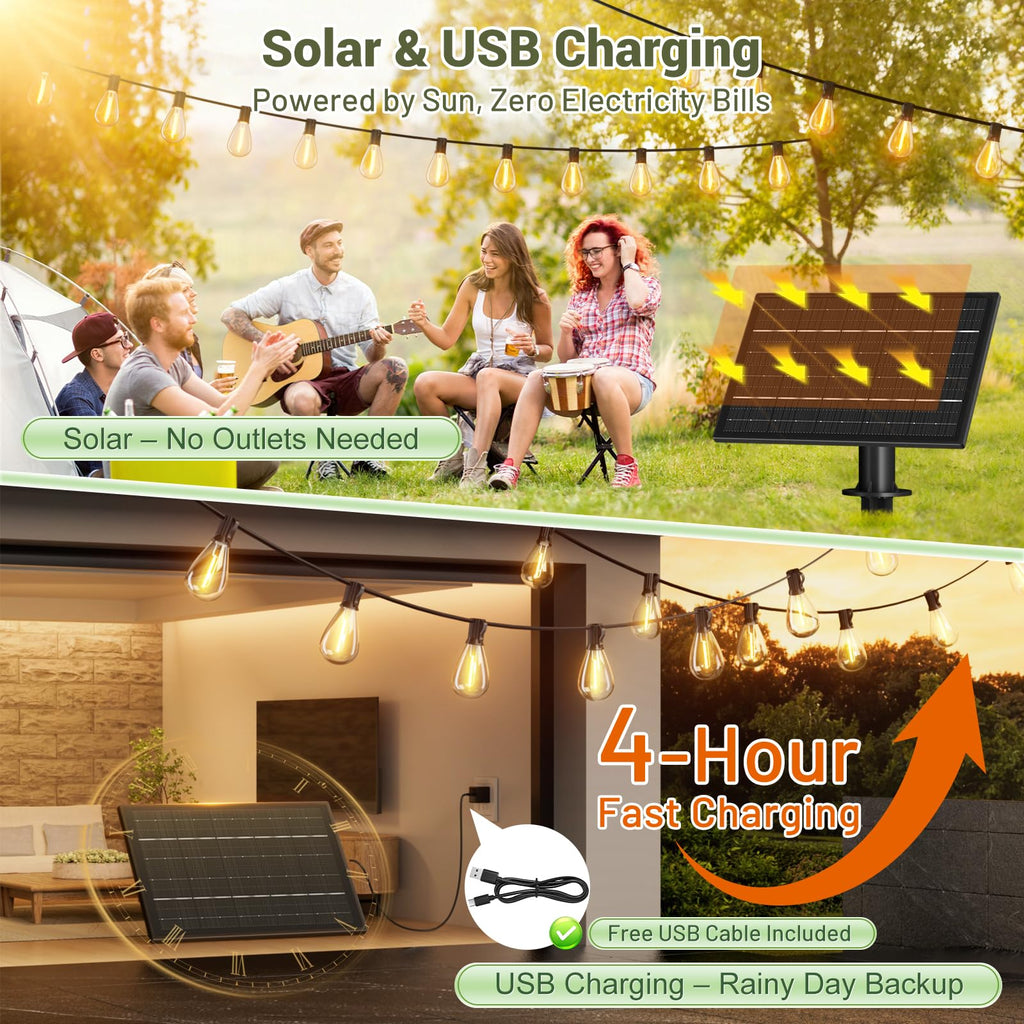 Solar Outdoor String Lights with 36+2 Edison Shatterproof Waterproof Bulbs, 2200K Commercial Grade Patio
