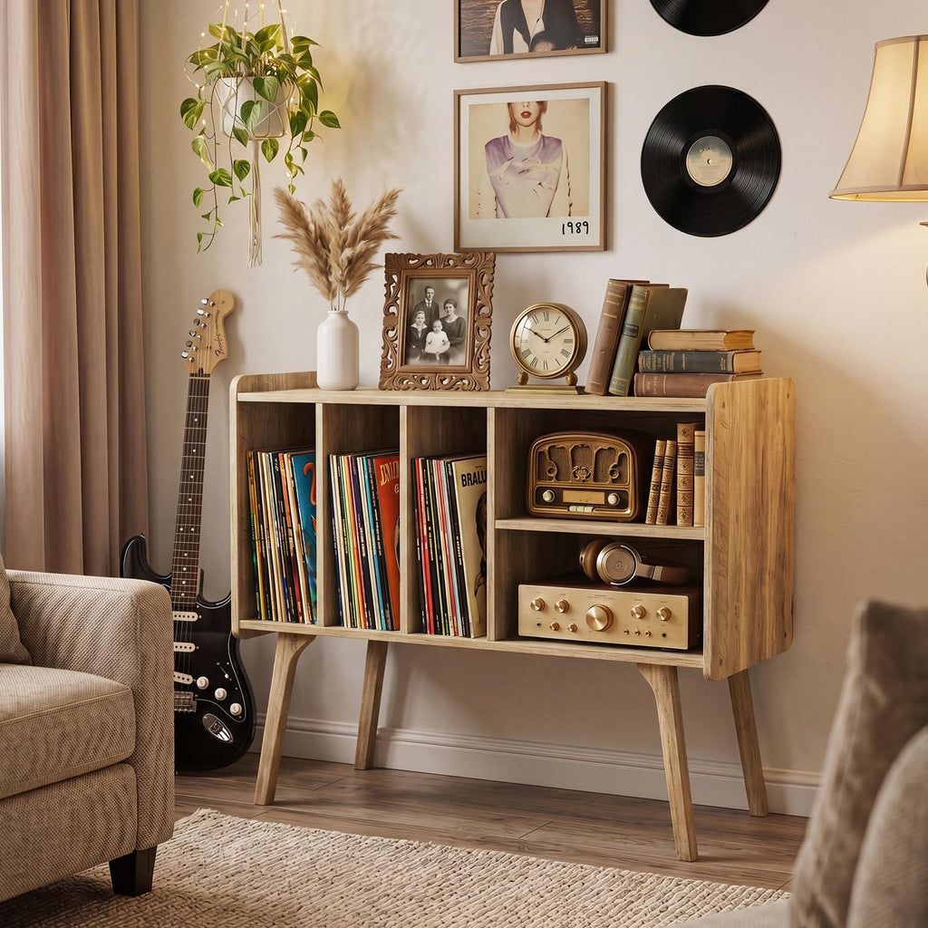 32" Large Record Player Stand with Charging Station, Rustic Brown