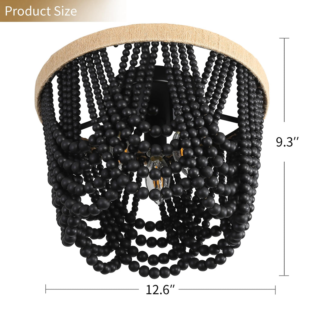 RyalQ 3-Light Black Wood Beaded Flush Mount Ceiling Light, Rustic Farmhouse Boho Small Chandelier, Vintage Decor