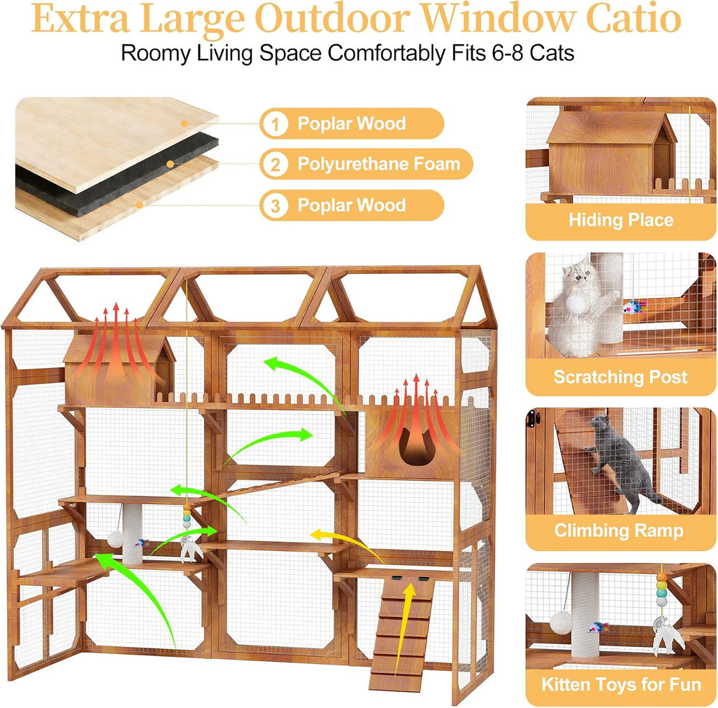Large Outdoor Cat Enclosure Wooden Catio with Multi-Level Play Platforms, Climbing Ramps, Resting Boxes, Pom-Pom Toys