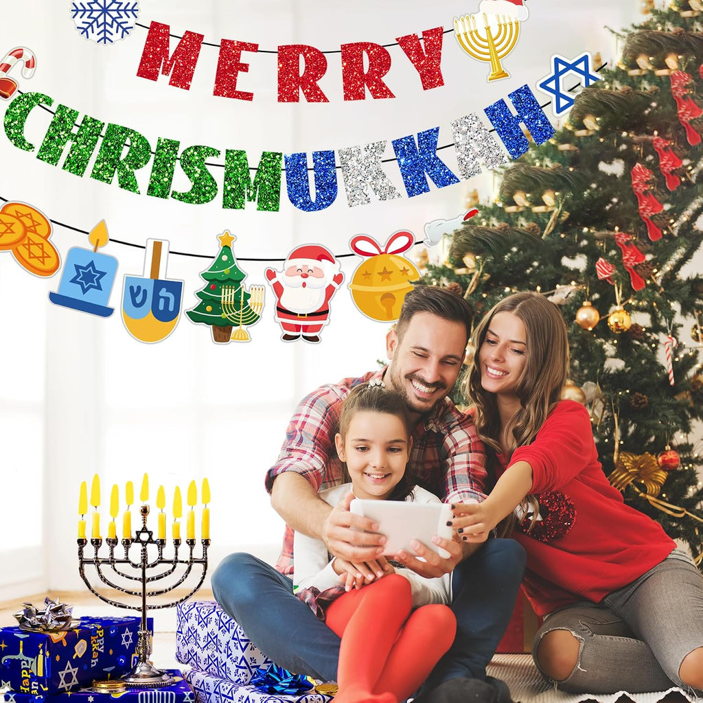 Merry Chrismukkah Banner Christmas and Hanukkah Decor Pre-Strung Hanukkah Chrismukkah Decorations Glitter Mixed - Set of 16
