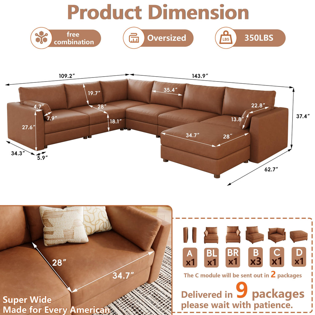 Faux Leather Modular Sectional Sofa Wide V Shaped Couches Brown