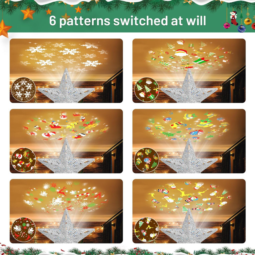 Christmas Tree Topper Lighted with 6 Projection Modes, Christmas Star Tree Topper Built-in LED Rotating Lights