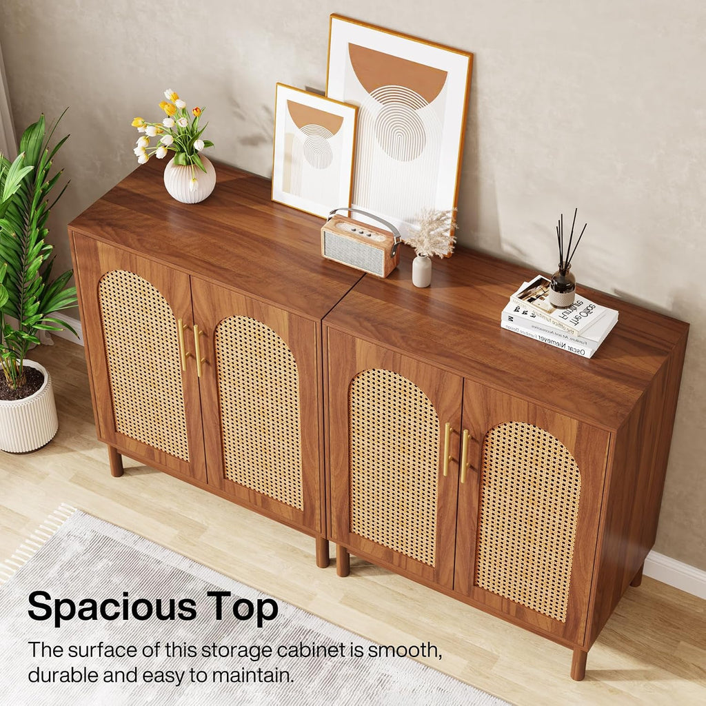 Set of 2 Rattan Sideboard Buffet with Storage, 59 Inch Accent Cabinet with Doors, Storage Cabinet , Caramel Brown