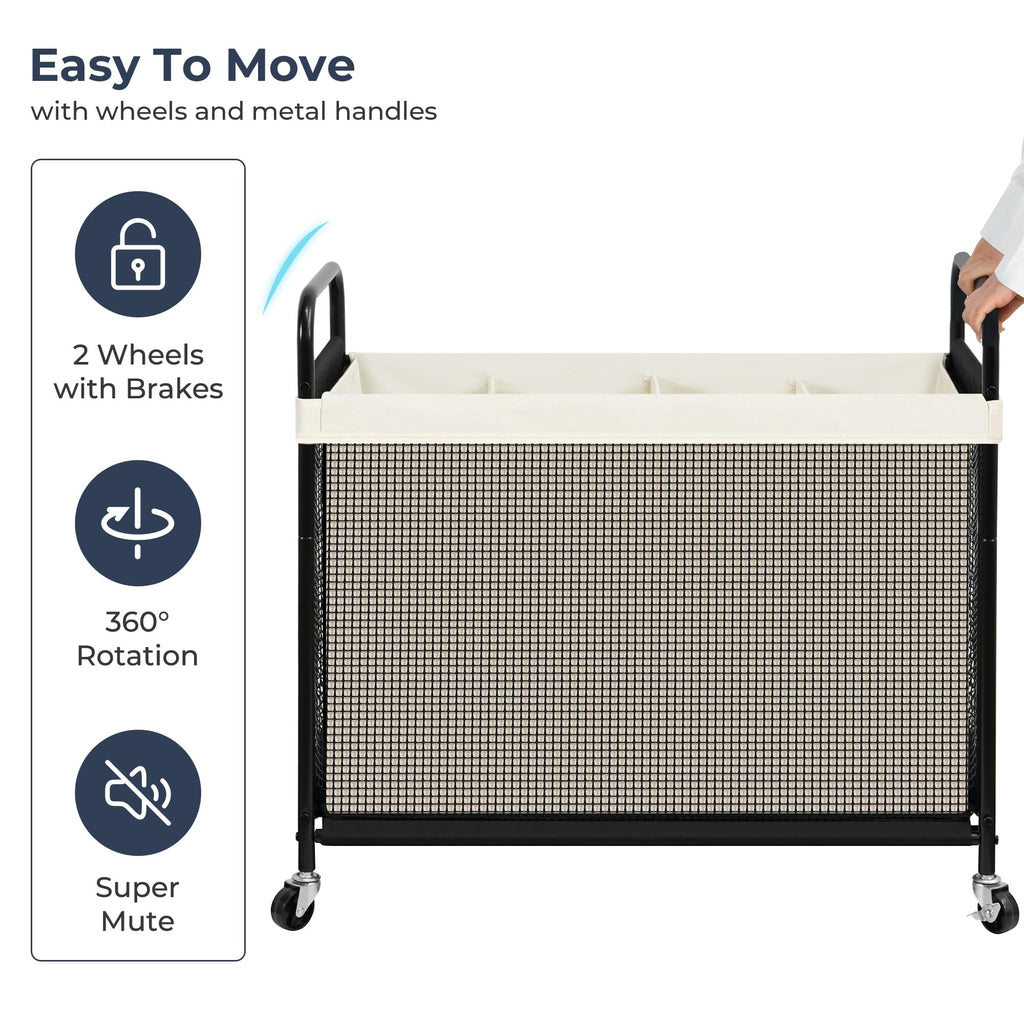 Laundry Hamper 4 Section, 140L Rolling Laundry Sorter Cart with Removable and Washable Liner Bag, Clothes Hamper with