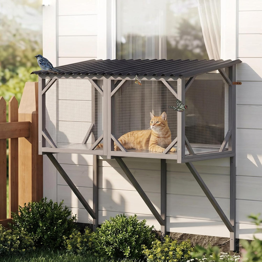 Cat Window Box, Outdoor Window Catio Enclosure for Indoor Cats, Weatherproof UV-Resistant Wooden Cat Window Perch