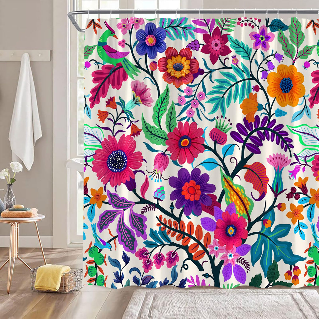 Boho Floral Shower Curtain Colorful Paisley Abstract Mandala Flower Leaf Vibrant Ethnic Tribal Blossom Vintage Swirls