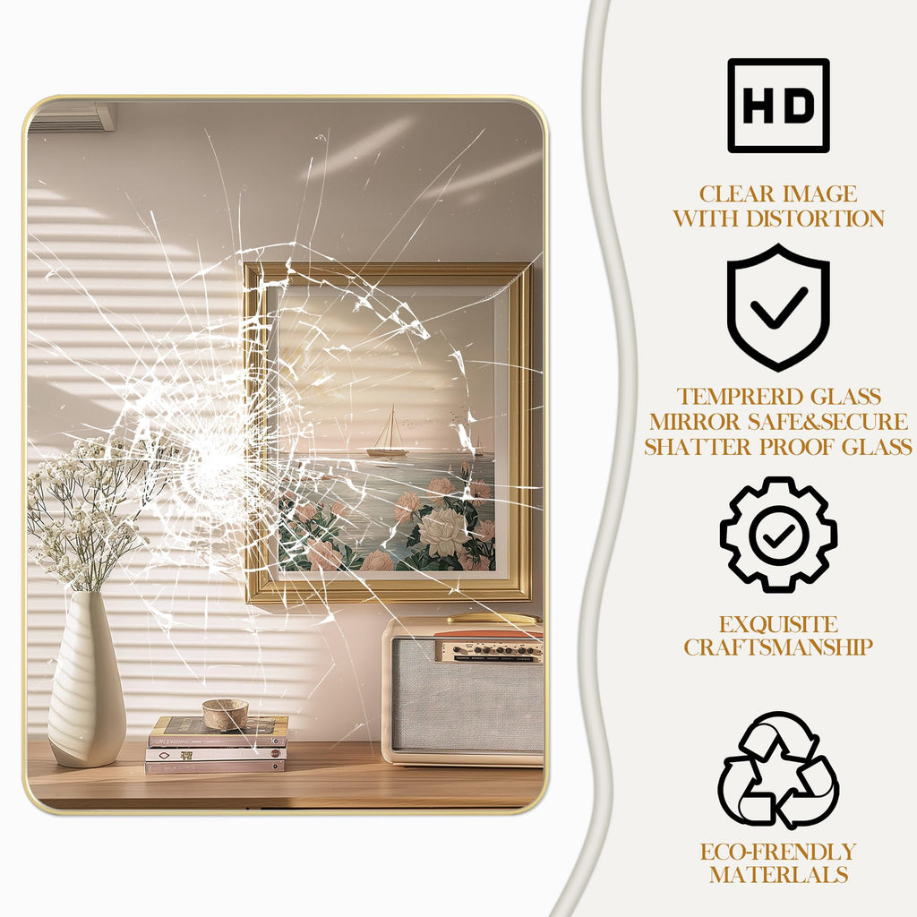 Gold Bathroom Mirror 22X30 Inch Bathroom Vanity, Metal Gold Frame Large Mirror, Modern Wall Mirror, Tempered Glass