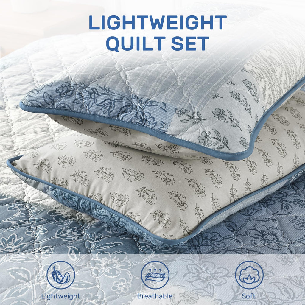 Blue Quilt Set, Reversible Floral Patchwork Bedspread
