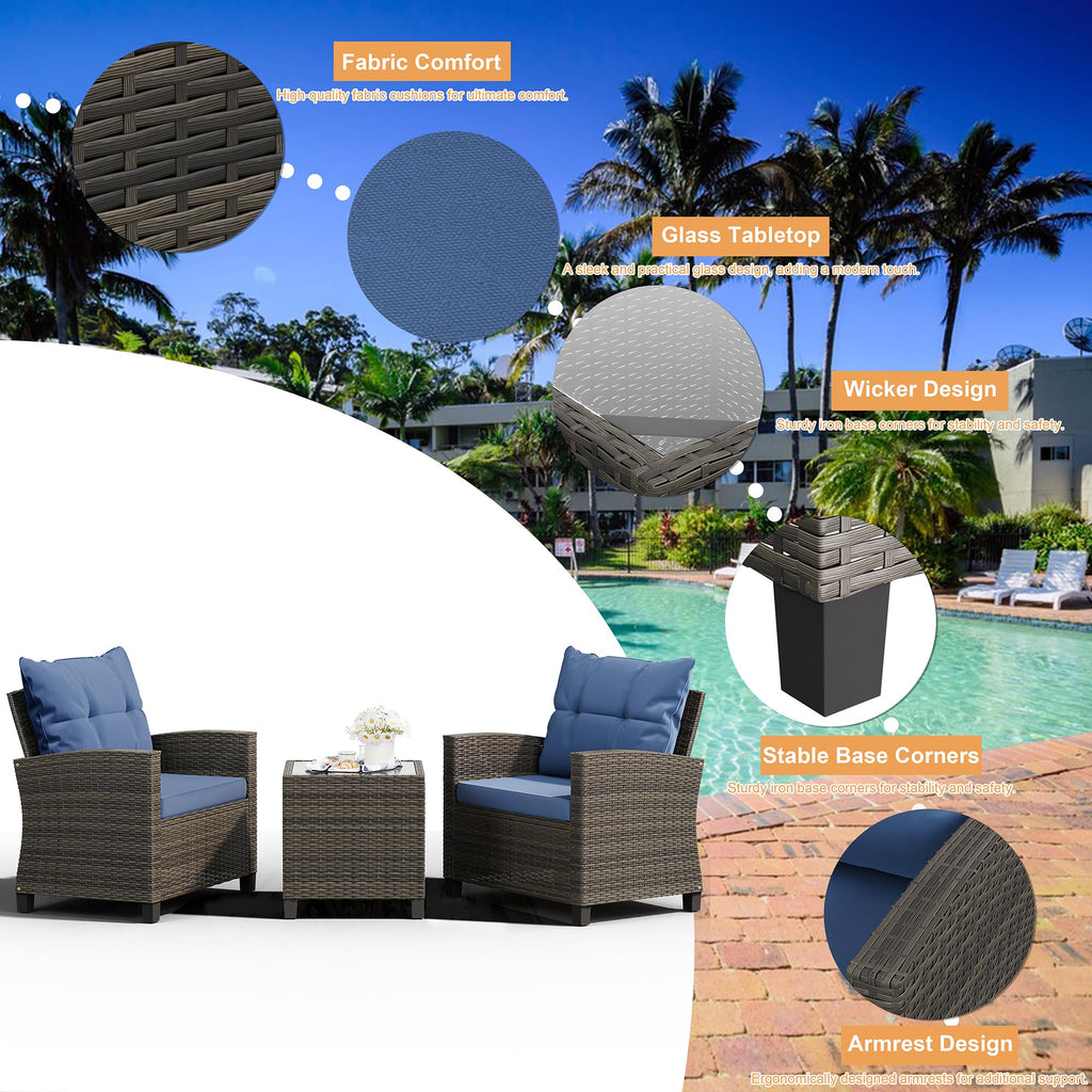 3 Pieces Patio Furniture Set 3 Pieces PE Rattan Wicker Chairs with Table Outdoor Furniture for