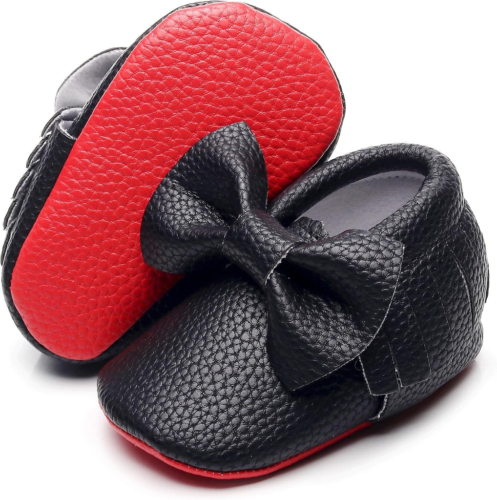 Double Bow Fringe Baby Moccasins - Soft Sole Baby Shoes Girls Toddler Crib Flats