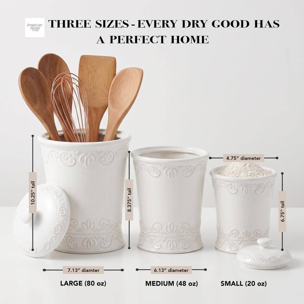 Ceramic Kitchen Canister Set Bianca Scroll White, 3 PC