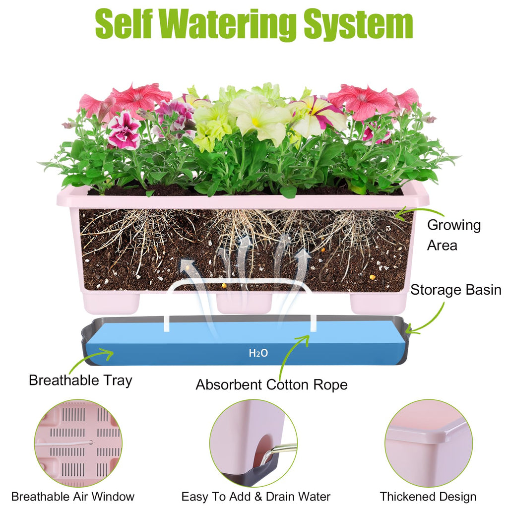 Window Box Planter 8 Pcs, 17 Inches Rectangle Flower Pots with Drainage Holes & Trays, Vegetable Planters for