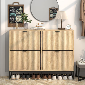 Shoe Cabinet Storage Slim Modern Shoe Rack Cabinet with 4 Flip Drawers Tipping Wooden Narrow Shoe Cabinet