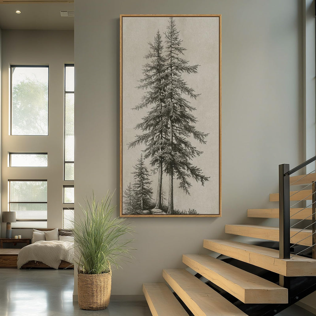 Large Framed Vintage Vertical Pine Tree Wall Art, 30x60 In