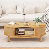 Coffee Table, Dual Oval Coffee Table with with Storage Cabinet and Sliding Tambour Door, 2-Tier Open Storage Shelf