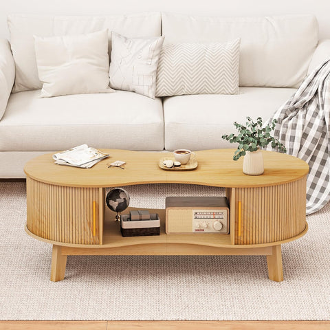Coffee Table, Dual Oval Coffee Table with with Storage Cabinet and Sliding Tambour Door, 2-Tier Open Storage Shelf