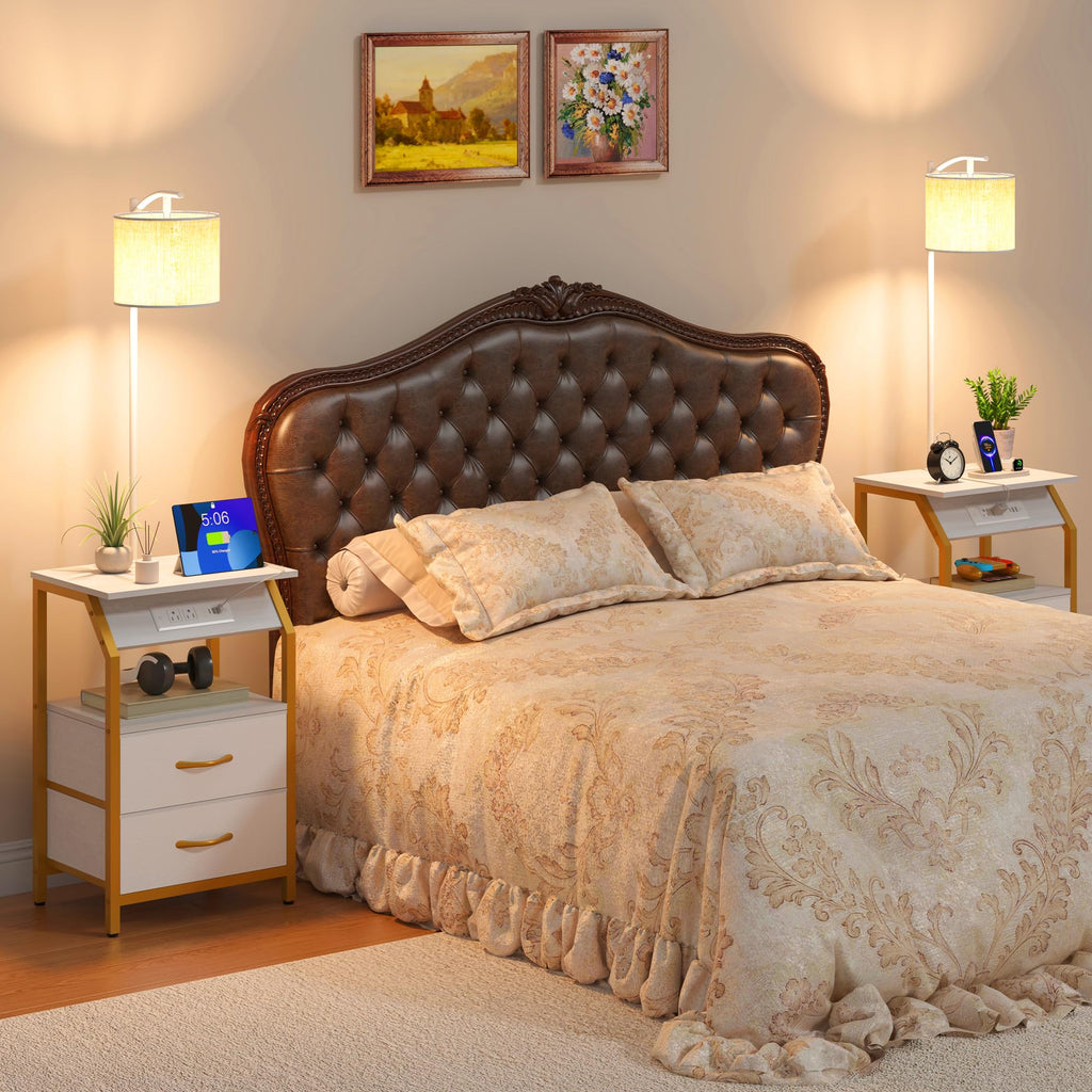 End Table with Floor Lamp, Nightstand with Charging Station, Floor Lamp Table with 3-Color Temperature Bulb, Bedside