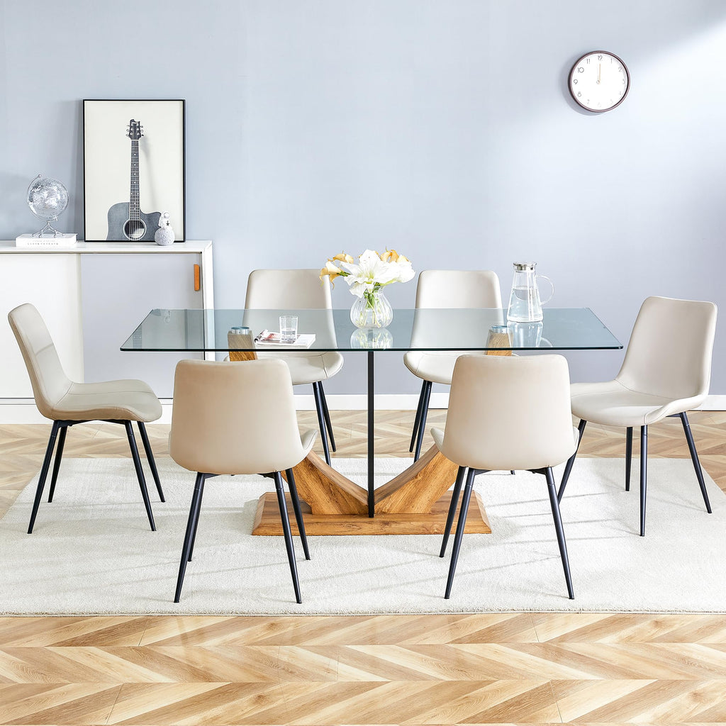71" Glass Dining Table Set for 6, 7 Piece Dining Table Set, Tempered Glass Table Top with U-Shaped Legs and Fabric