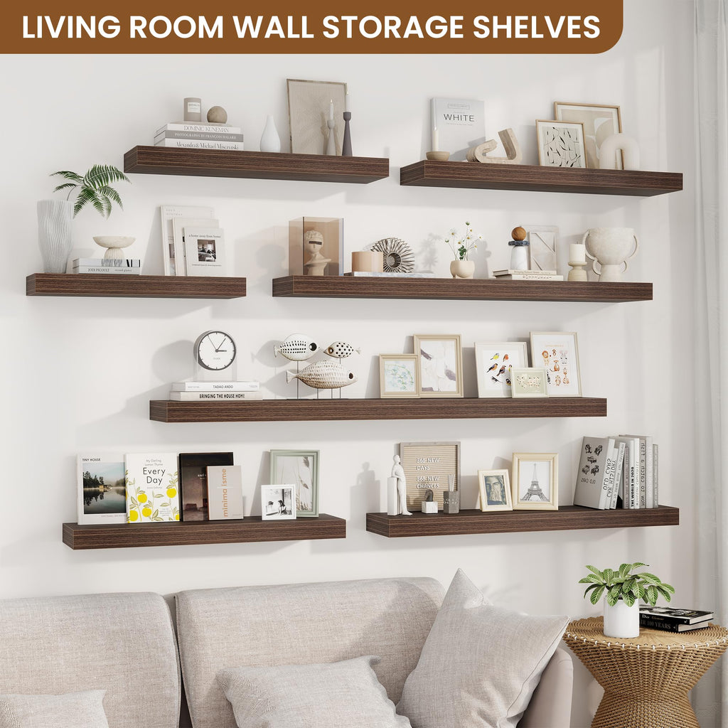 Floating Shelves for Wall, Wall Mounted Wood Shelves, Walnut, Set of 2, 24"