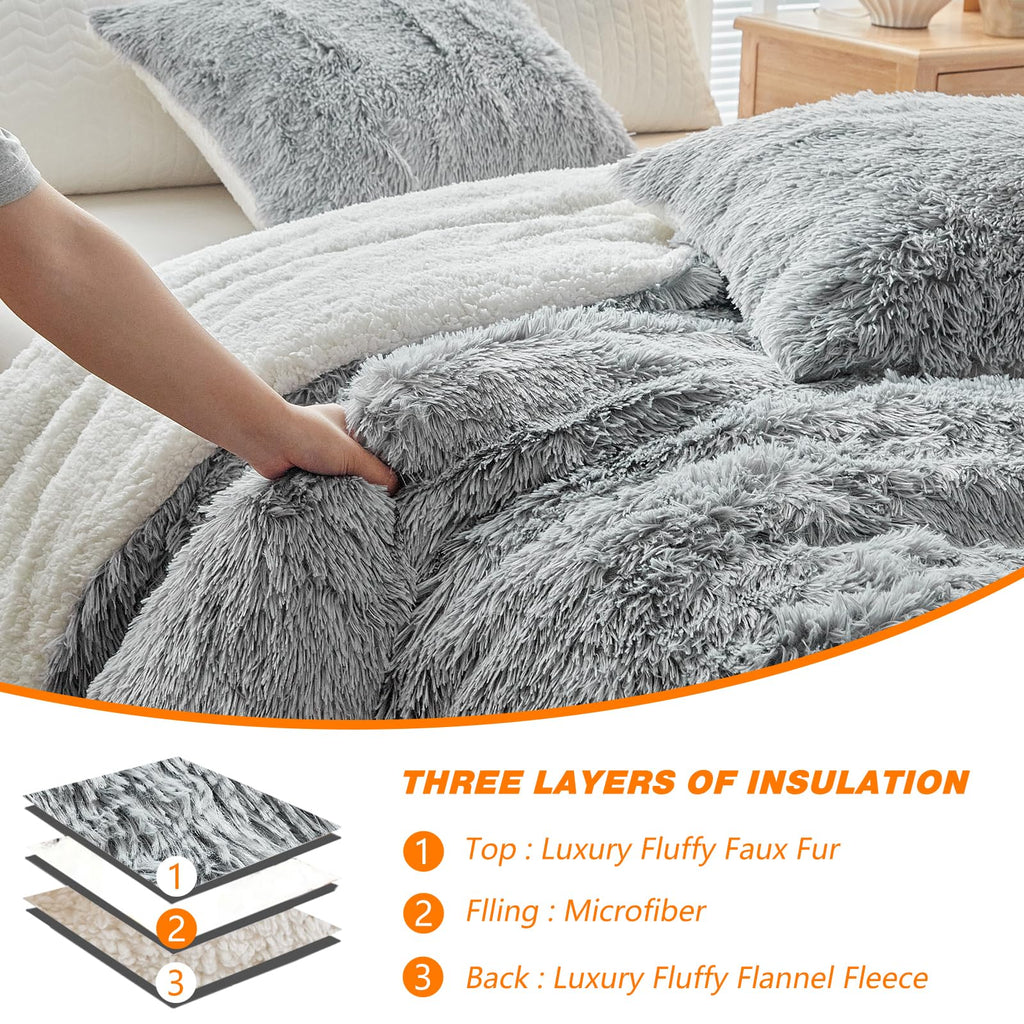 Gray Faux Fur Comforter Set 3 Pieces - 1 Shaggy Comforter 104x90 and 2 Pillowcases, Ultra Soft and Easy Care