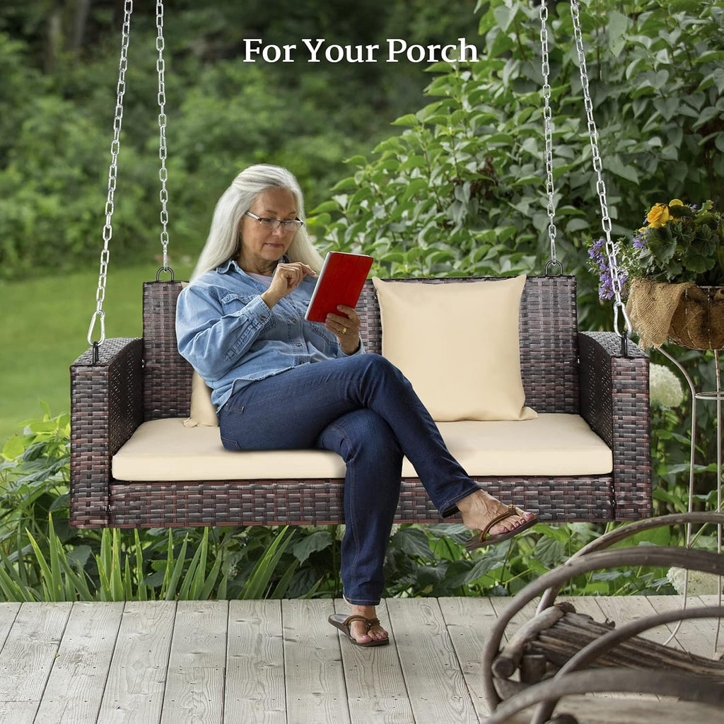 4FT Rattan Swing Bench, Wicker Hanging Porch Swing (Brown+Beige) | 2 Person Patio Bench Swings, Heavy Duty 800 LBS