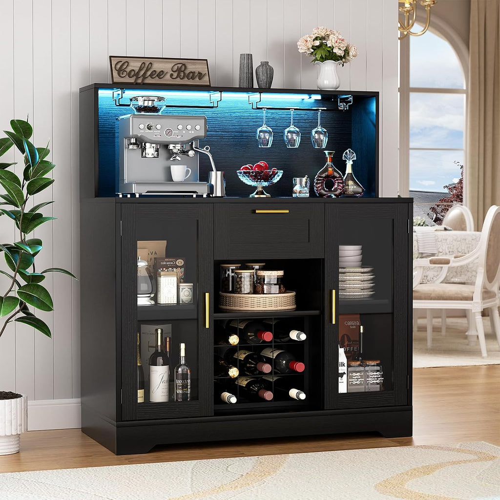 Coffee Bar Cabinet with LED Light and Storage Hutch, Black | Liquor Wine Bar Cabinet with Drawer, Wine Rack, Glass