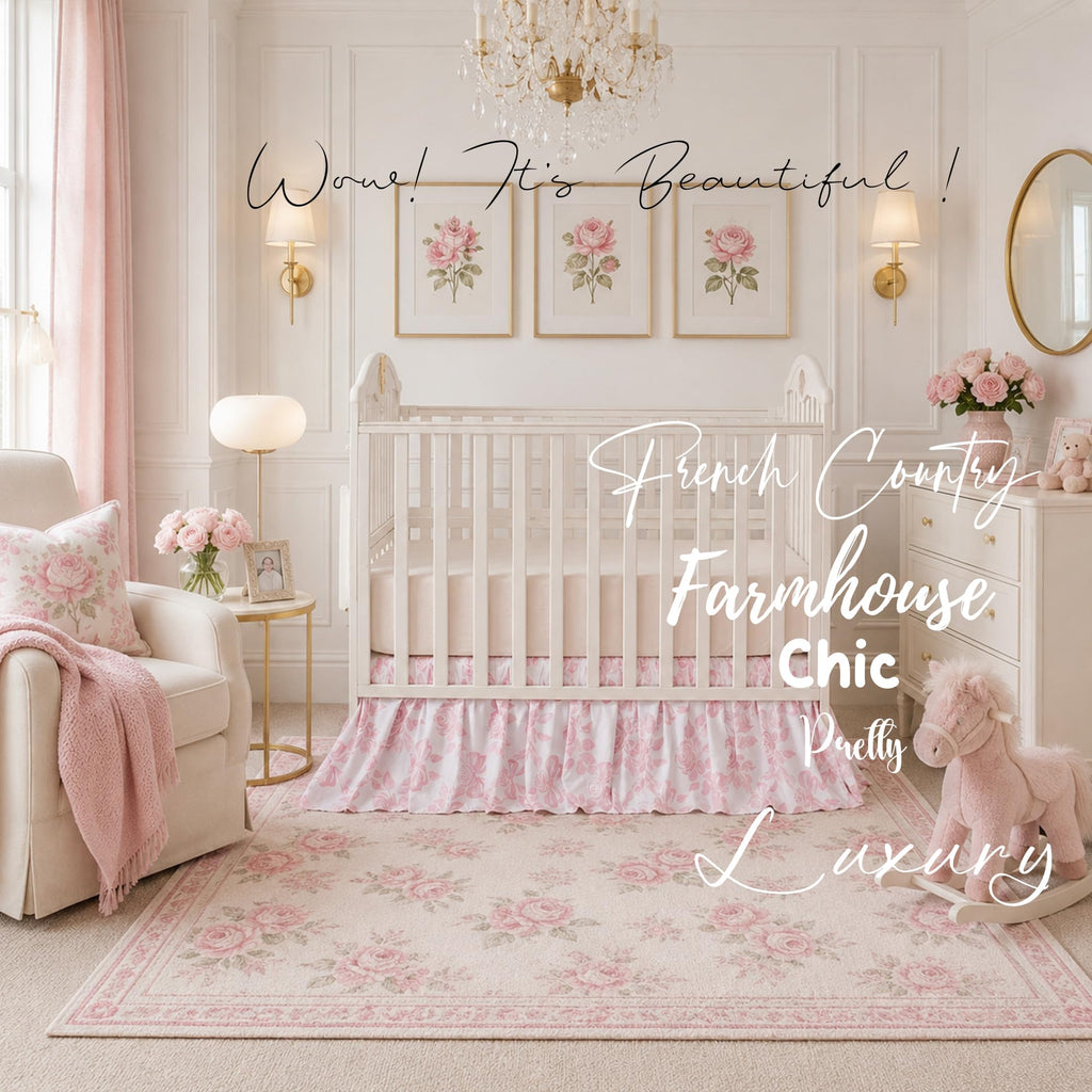 Organic Cotton Crib Skirt Dust Ruffle, Baby Girl Crib Bed Skirt, 4-Sided, Luxury French Vintage Pink Rose Floral &