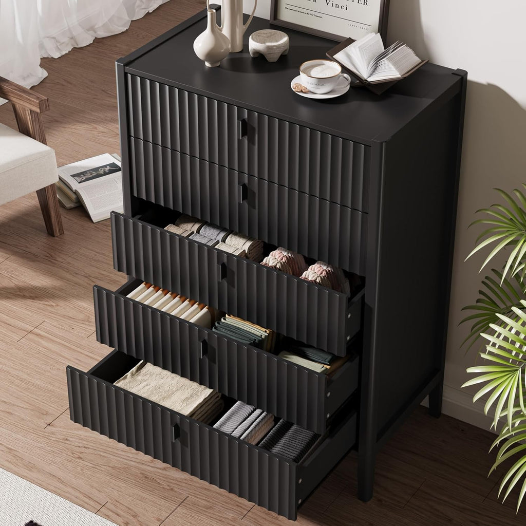 Black 5 Drawer Dresser, Modern Tall Dresser , Fluted Wood Chest of Drawers with Deep Drawers for Clothes, Storage