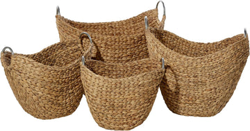 79 Seagrass Handmade Decorative and Functional Storage Basket Woven Curved Basket Organizer with Silver Metal