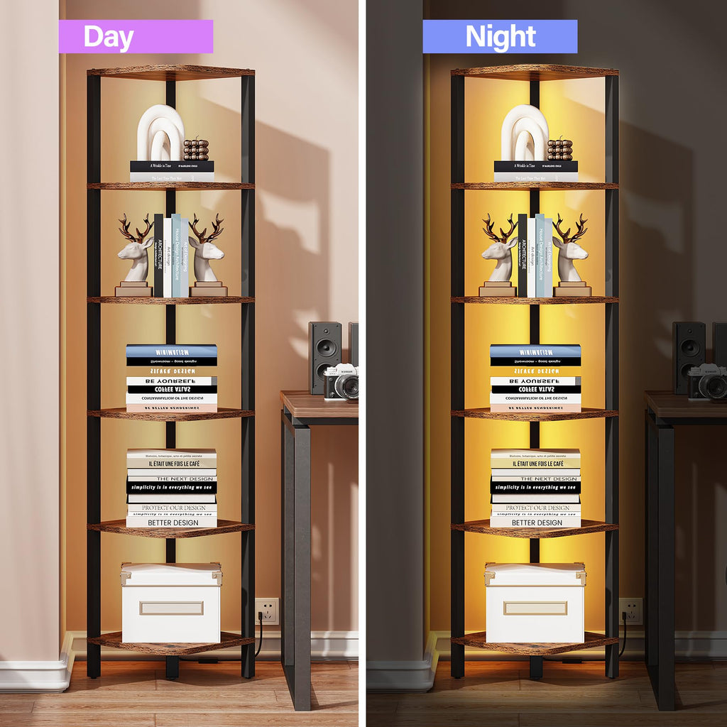Corner Shelf with LED Light, 6-Tier Corner Bookshelf