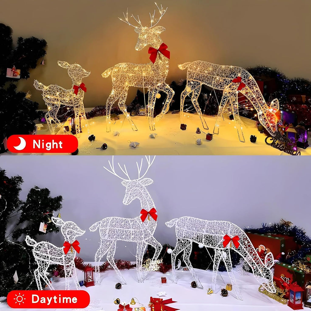 Set of 3 Lighted Christmas Reindeer Family, LED White Metal Deer Yard Decorations with Red Bows, Battery Operated 2D