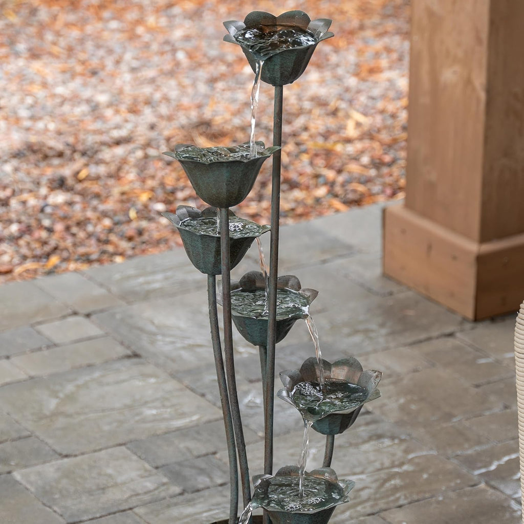 35" Tall Silver Metal Sculptural Flower Multi-Tier Freestanding Water Fountain for Indoor & Outdoor Use