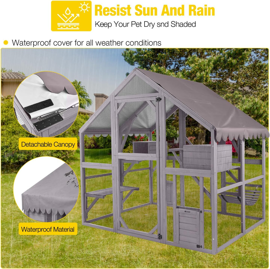 Large Cat House Catio Outdoor Cat Enclosure, 28ft2 Weatherproof Wooden Kitty Condo with Run, Extra Large Cattery