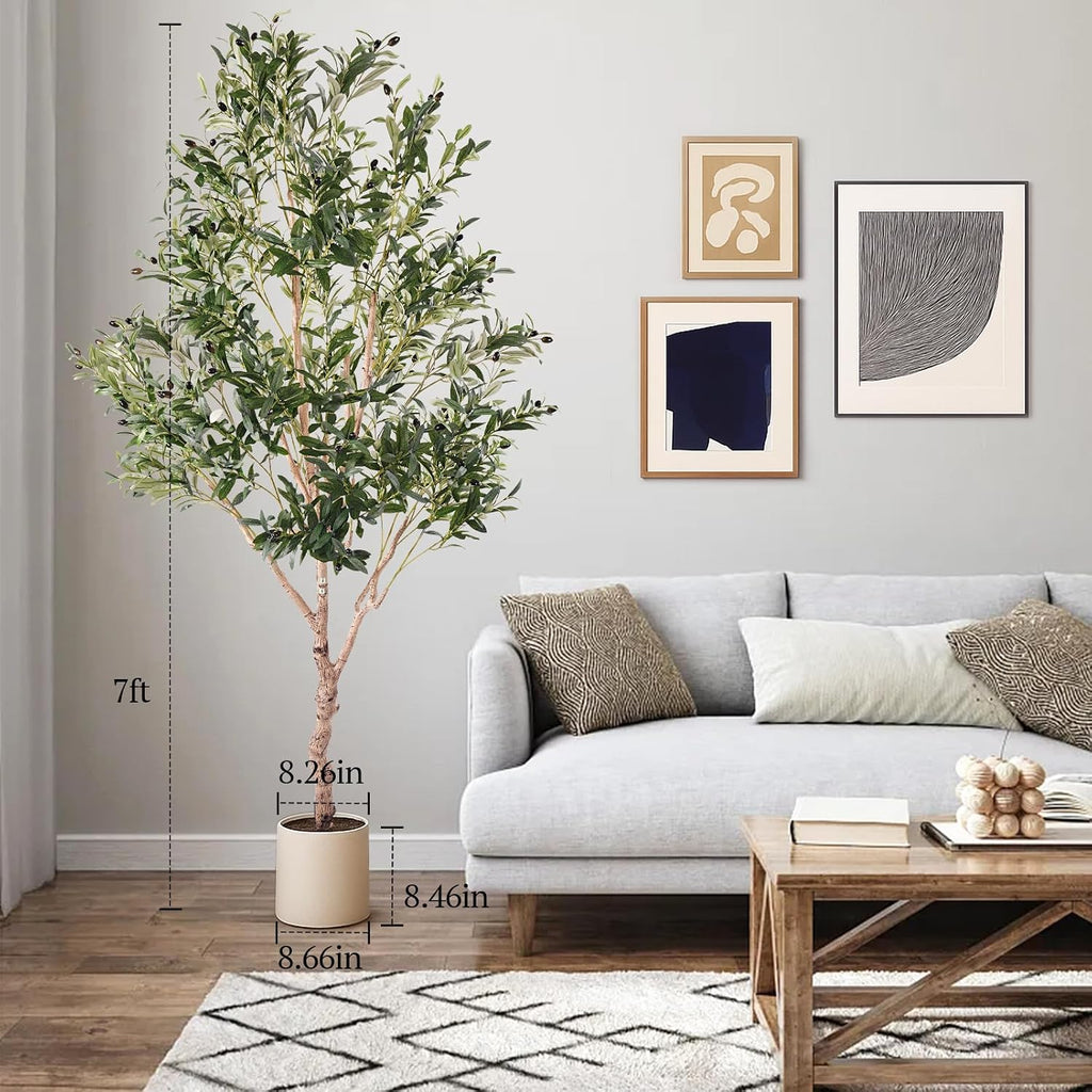 Large Olive Trees Artificial Indoor, Upgraded 7FT Faux Olive Tree with Natural Wood Trunk and Lifelike Fruits, White