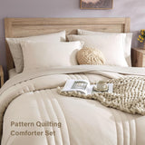 Monbix Queen Comforter Set - 7 Pieces Beige Bed in a Bag Queen Bedding Sets with Comforters