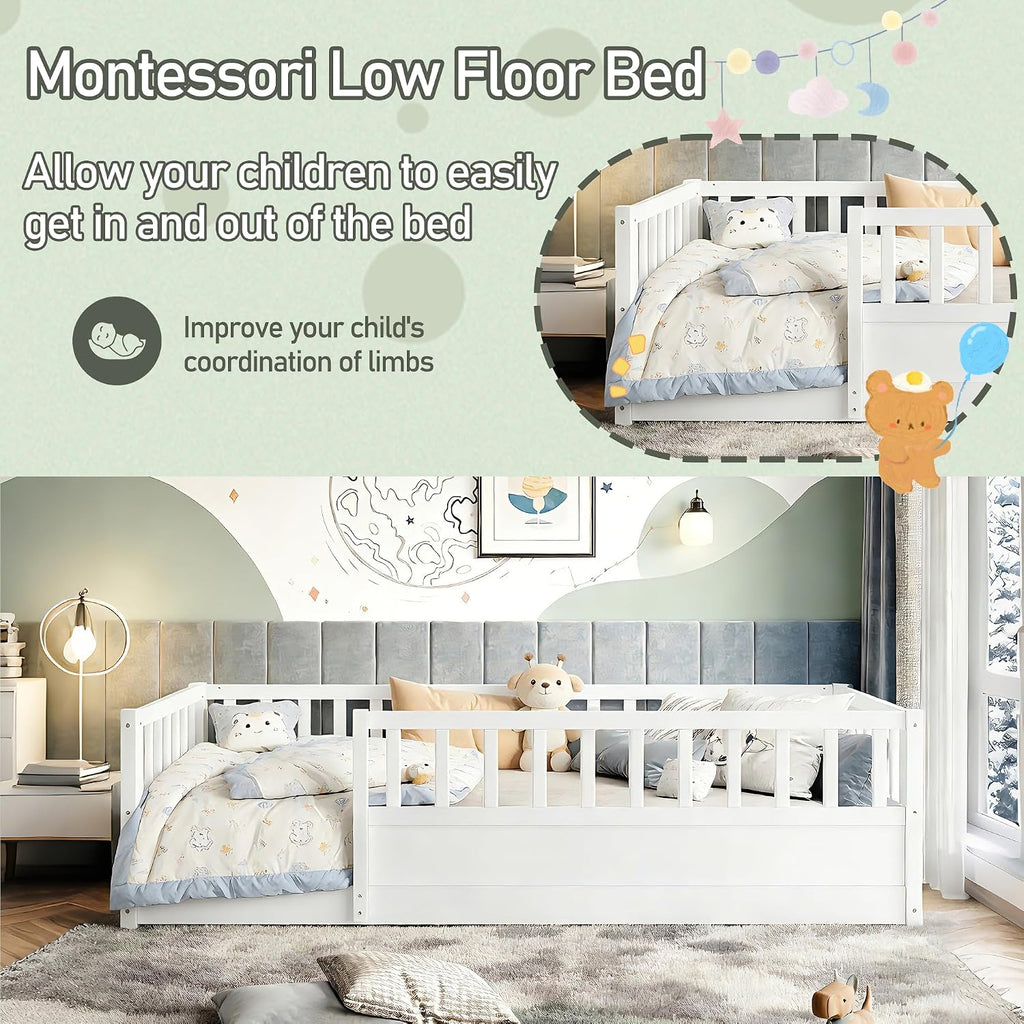 Floor Bed Frame with 21.4" High Fence, Solid Wood Montessori Floor Bed for Kids, Low to Ground