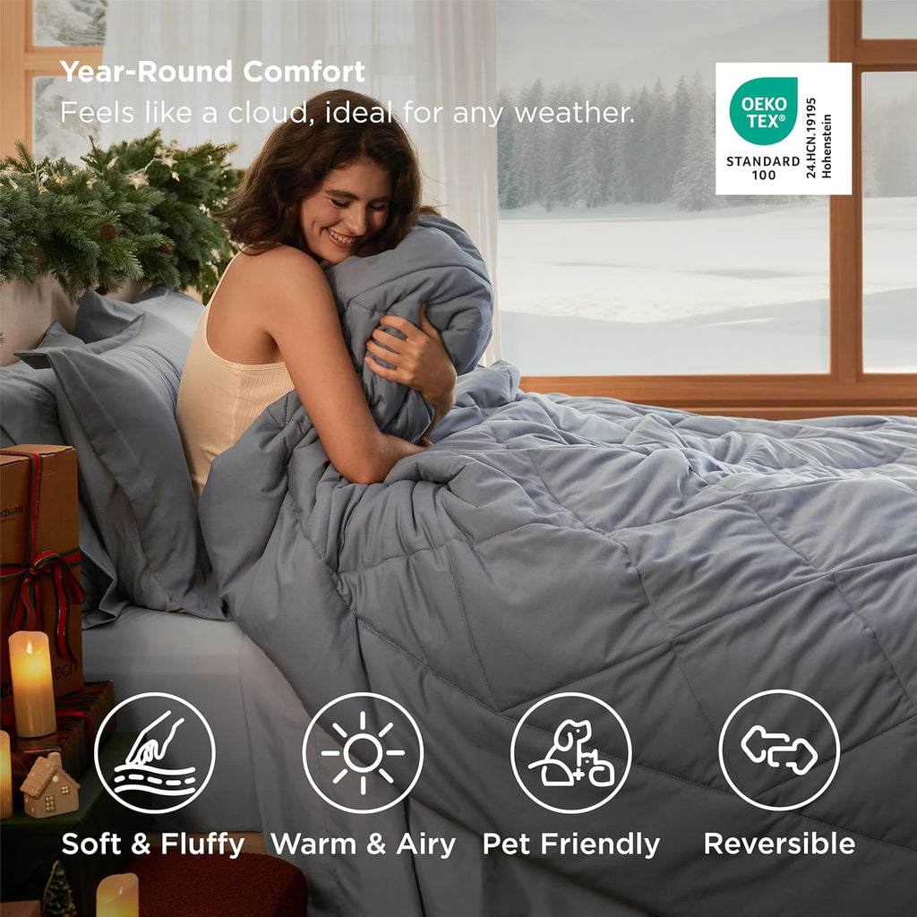 Queen Comforter Set - 7 Pieces Reversible Grey Bedding, GentleSoft Queen Bed Set Gift for Family