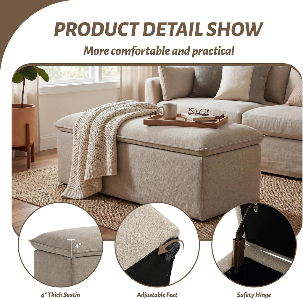 Modern Storage Bench, Upholstered Storage Ottoman Chenille Fabric with Seating Entryway Bench Living Room, Oatmeal