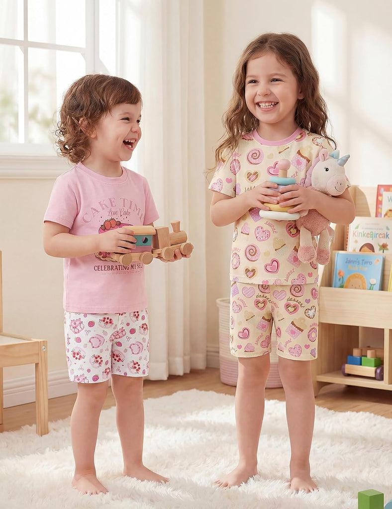 Toddler Girl Pajamas 100% Organic Cotton 4 Piece Short Sleeve Summer Pajama Set Kids Pajamas Snug Fit Pjs Set