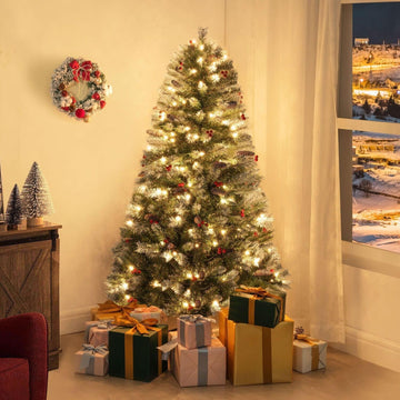 Vancouver 7.5ft Frosted Prelit Artificial Christmas Tree with Pine Cones,Faux Berries, Foot Pedal, 1346 Branch
