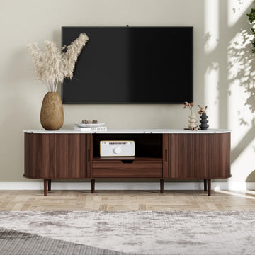 71" Fluted TV Stand with Power Outlet for TVs up to 80", TV Console with Adjustable Shelves and Sliding Door, Mid