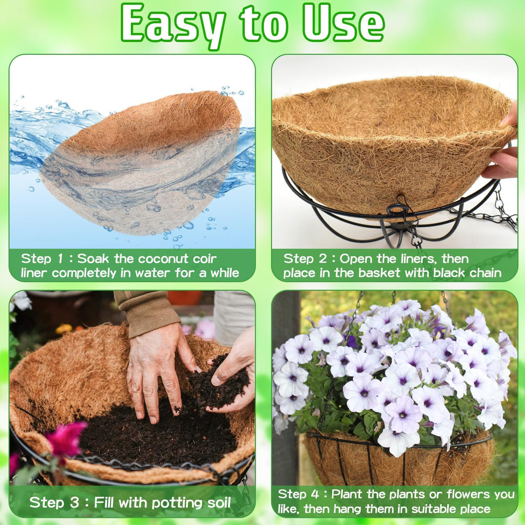 3 Pack 12 Inch Outdoor Hanging Baskets, Metal Wire Hanging Planters with Coconut Liners, Round Hanging Baskets for