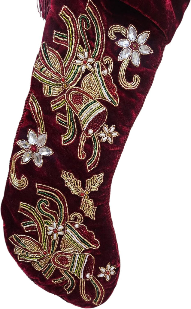 Christmas Stocking 21" x 7", Red Velvet Christmas Stocking with Gold Beaded Embroidery, Luxury Holiday Stocking with