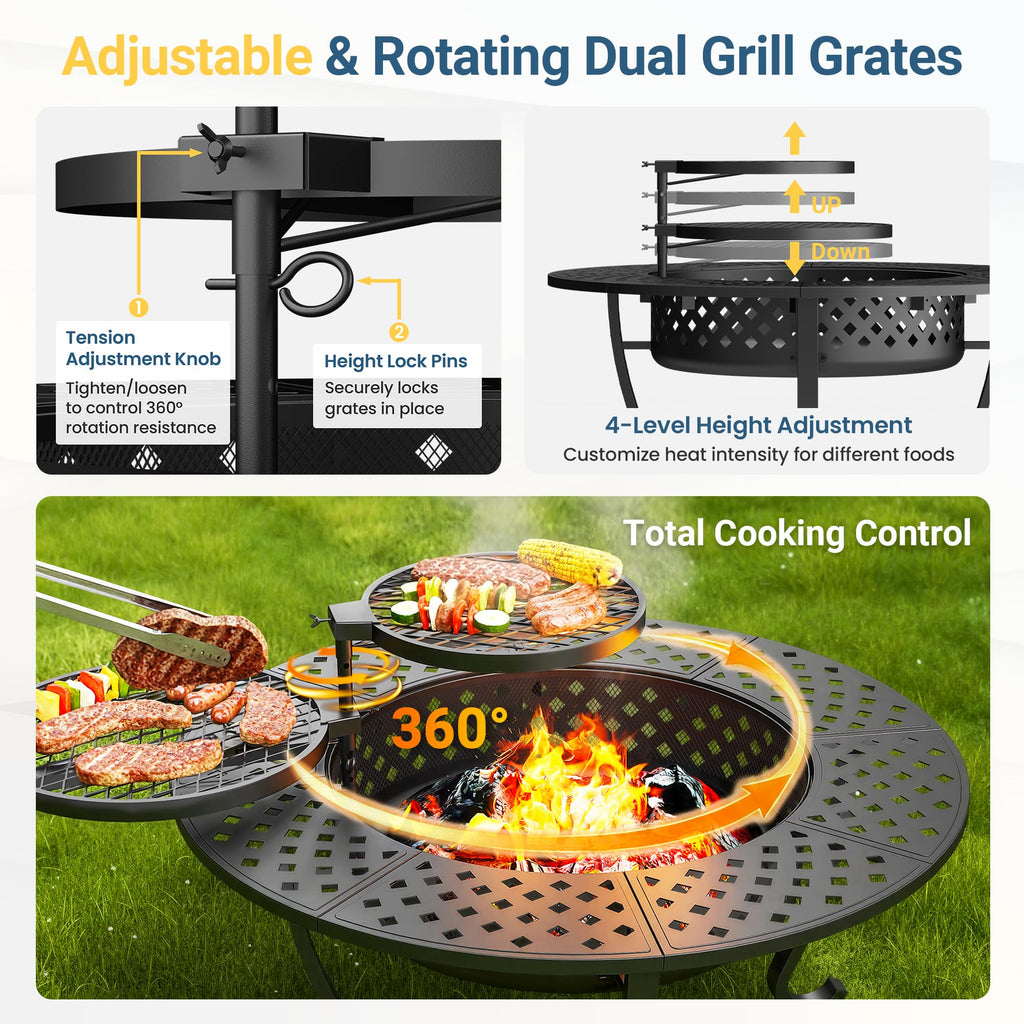 48" Large Fire Pit for Outside with 2 Adjustable Grills, Lid & Fire Poker