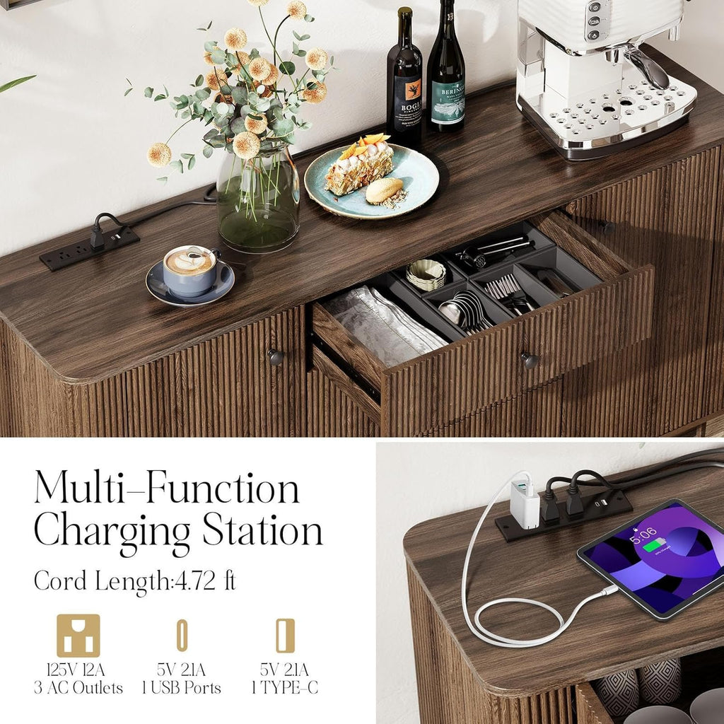 59" Buffet Cabinet with Drawers, Large Fluted Sideboard Buffet Storage Cabinet with Charging Station