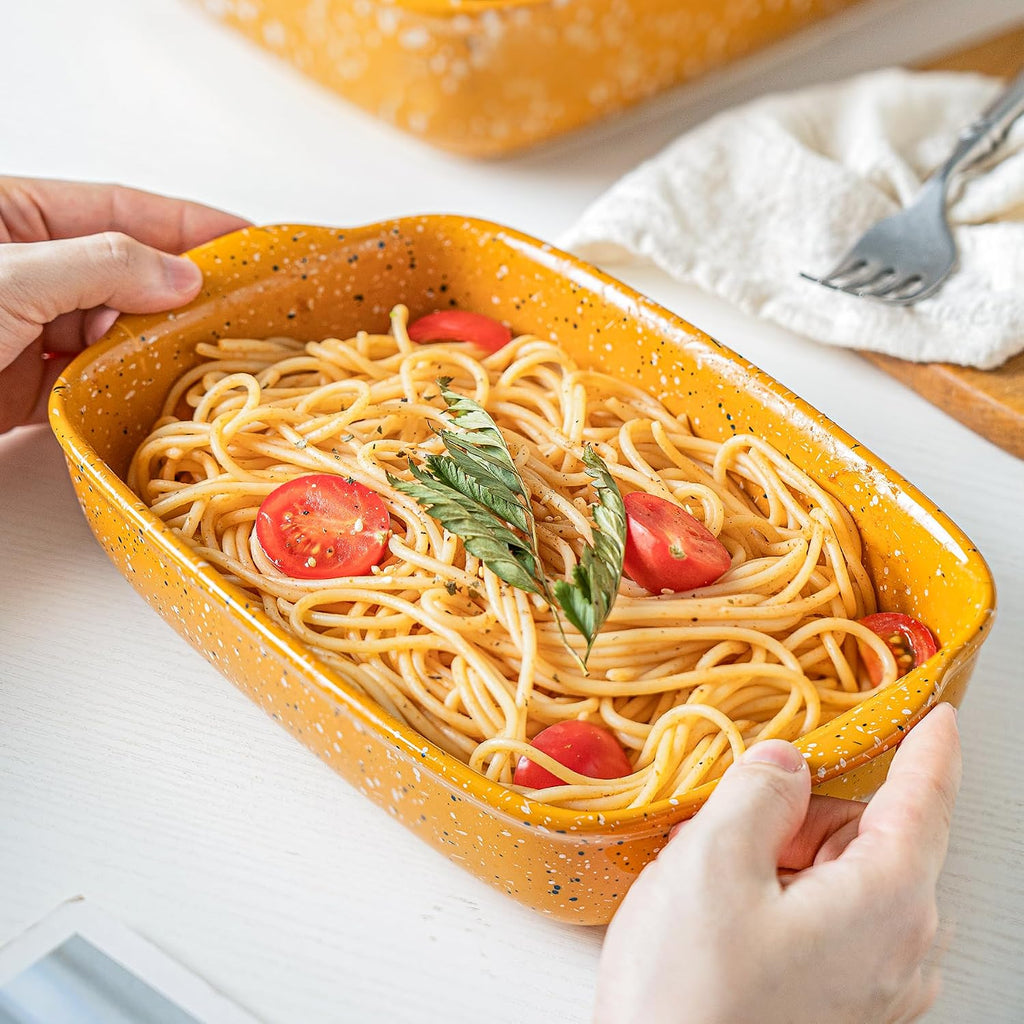 Ceramic Dish Set of 3 (13.8''/12''/9.6''Orange) | Oven-Safe Stackable Deep Rectangular Lasagna Pan with Handles, Up