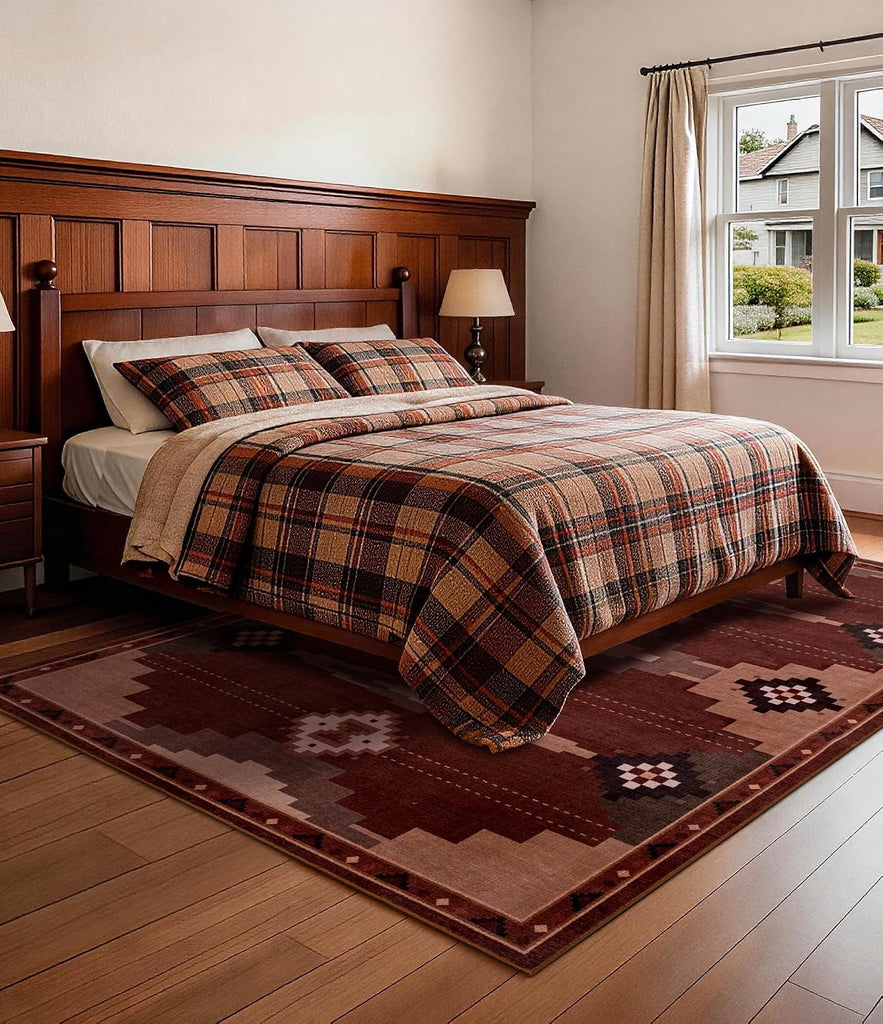 Washable Western Red Aztec Area Rug