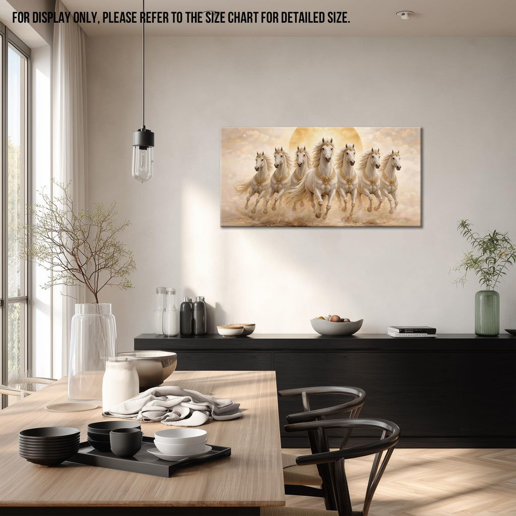 Seven Lucky Running Wild Horses Canvas Wall Art Decor, Gold and Cream White Horse Picture Painting, Framed Artwork &